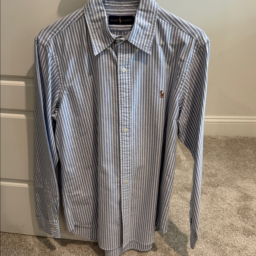 Ralph Lauren Navy and White Striped Long sleeve Shirt Medium